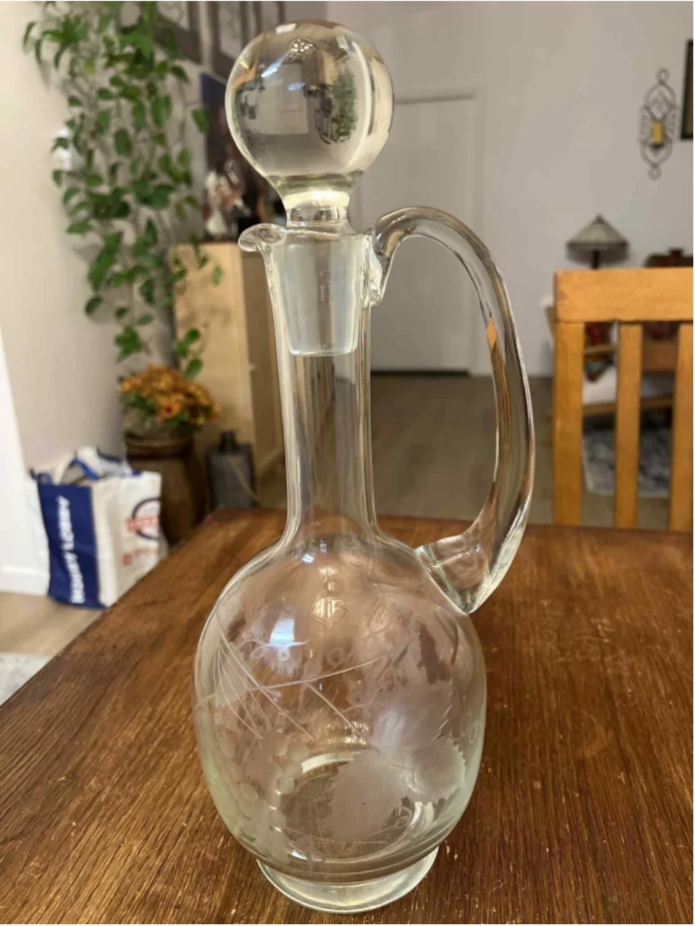 Vintage Etched Glass Decanter w Stopper Grapevine & Leaf Design Heavy Solid